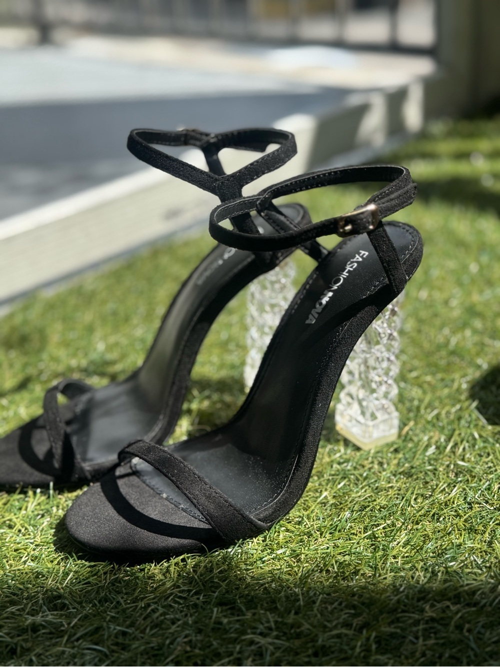 Fashion Nova Black Ankle-Strap Crystal Heel Sandals size 8